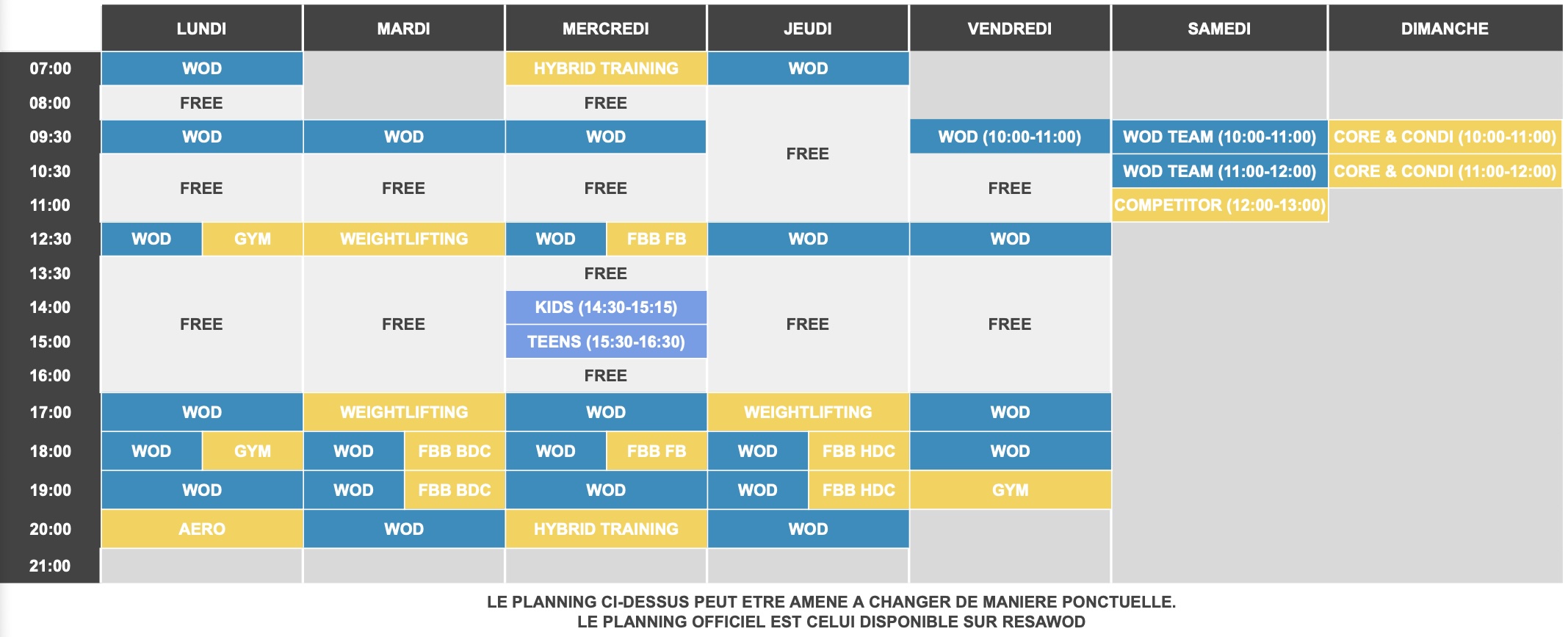 Planning hebdomadaire des cours de CrossFit Alea pour Septembre 2024