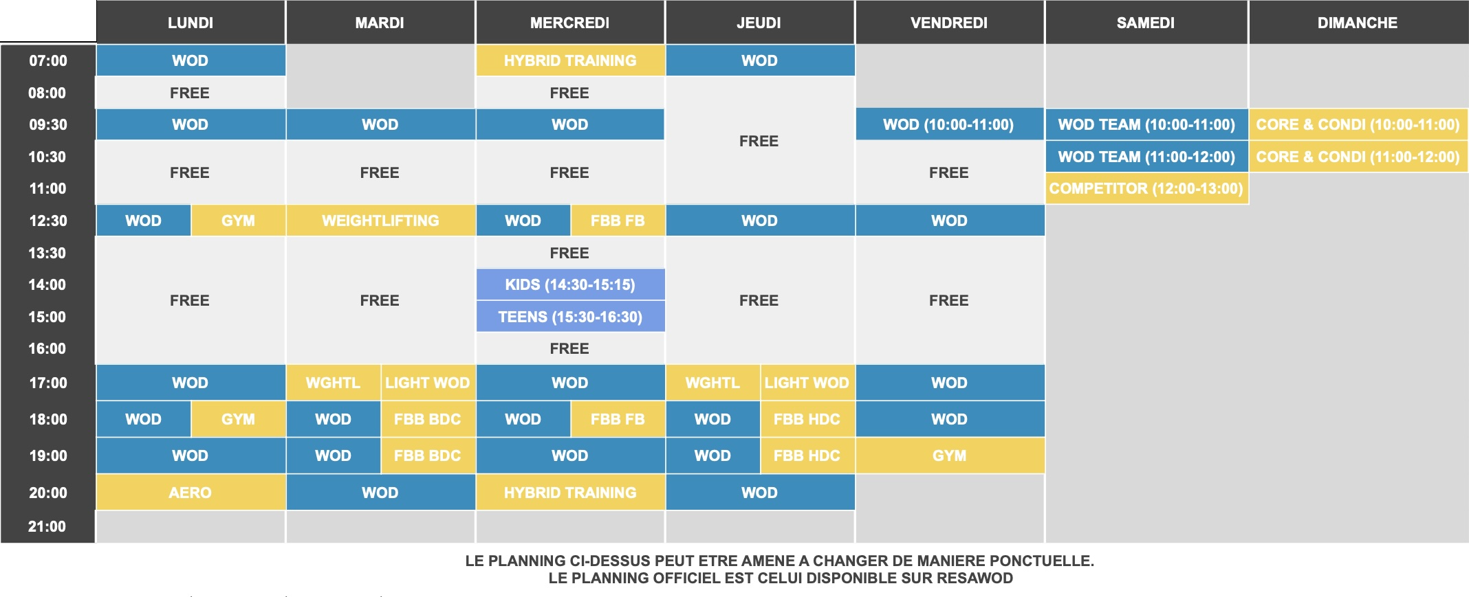 Planning hebdomadaire des cours de CrossFit Alea pour Septembre 2024